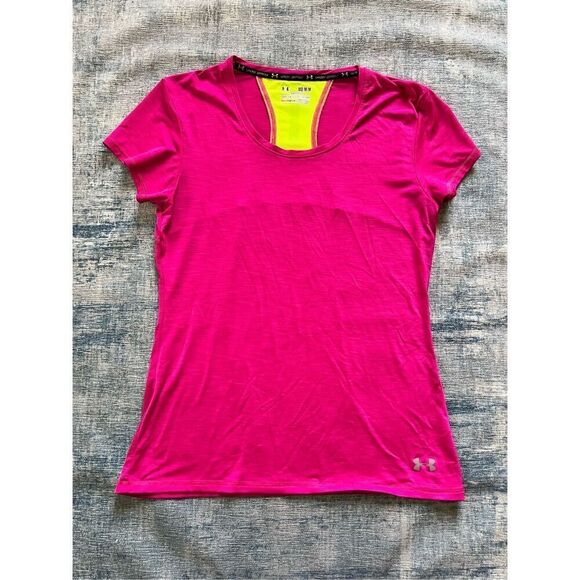 Under Armour Pink Neon Yellow Reflective Run Heatgear Short Sleeve Tee M - Picture 1 of 4